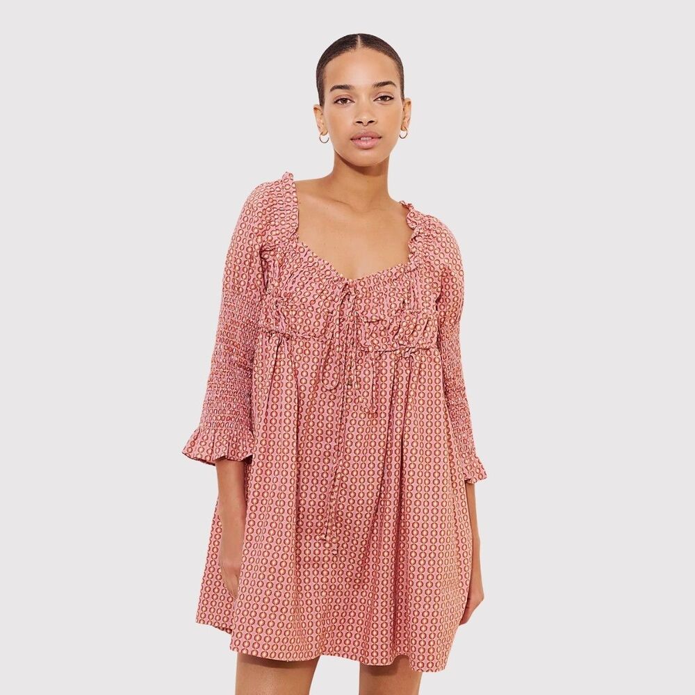 Free People Mini Dress Red Star Dip  Smocked Allover Print Loose A Line Large